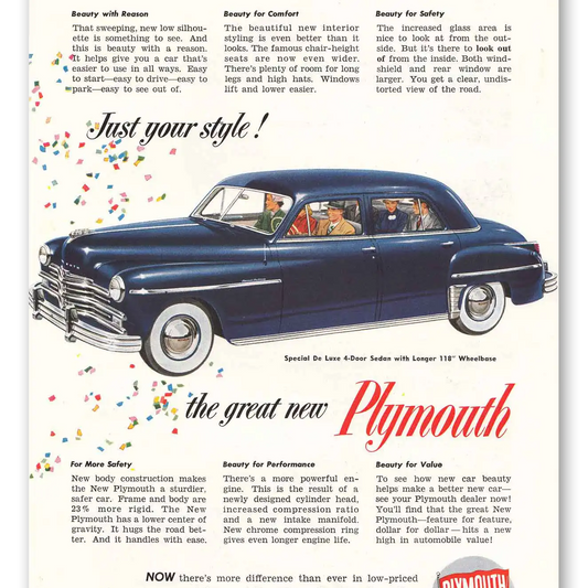 1949 Plymouth Sedan Special De Luxe 4 Door Sedan Distinctive Styling Vintage Magazine Print Ad