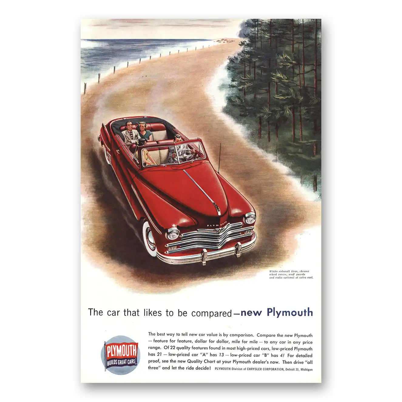 1949 Plymouth Convertible White Sidewall Tires Radio Optional Vintage Magazine Print Ad