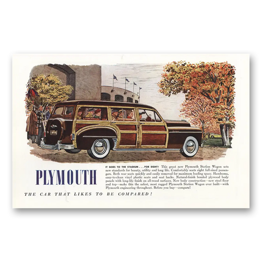 1949 Plymouth Station Wagon Goes to the Stadium Vintage Magazine Print Ad