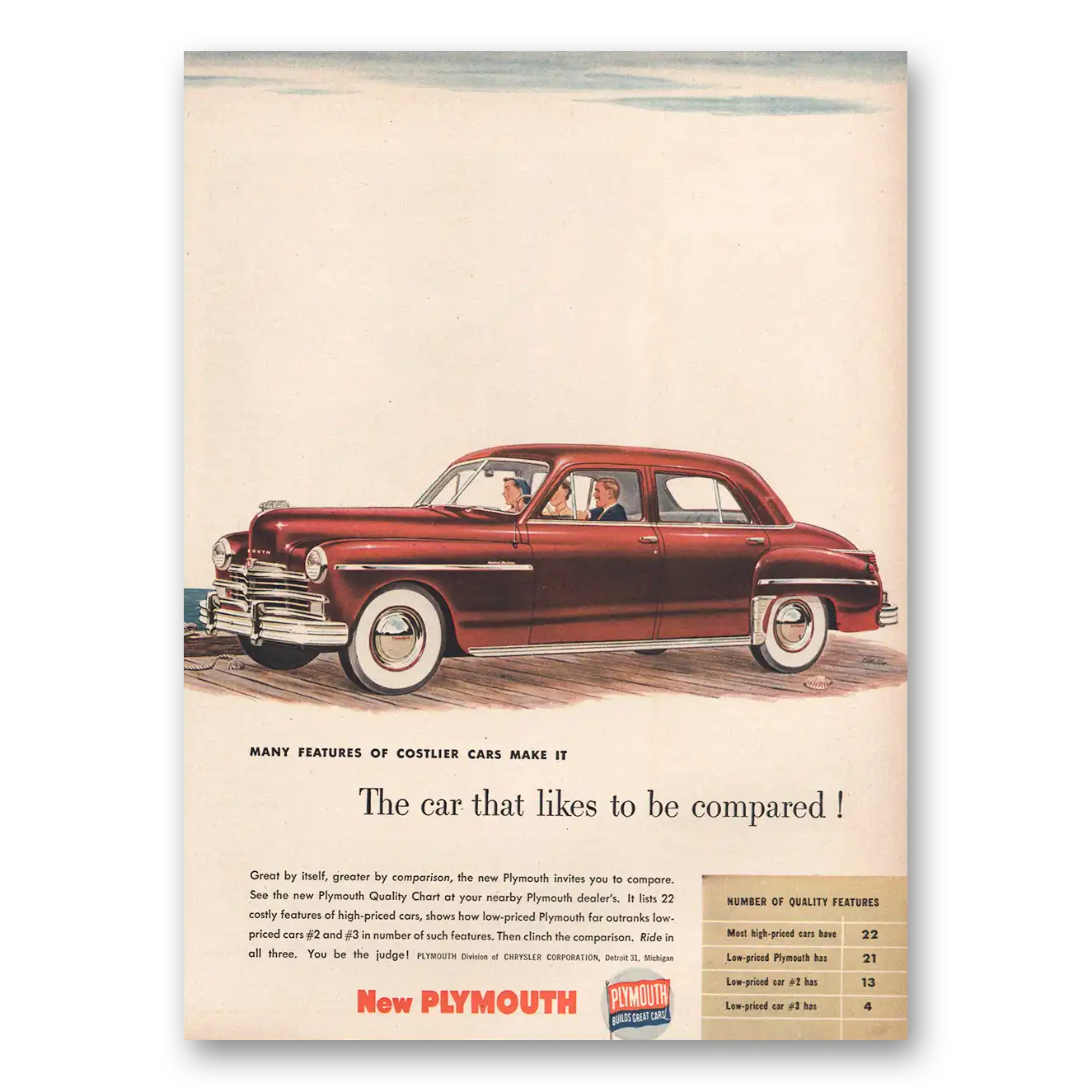 1949 Plymouth Car That Likes To Be Compared Vintage Magazine Print Ad