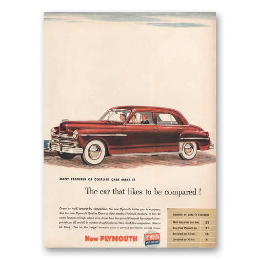 1949 Plymouth Car That Likes To Be Compared Vintage Magazine Print Ad