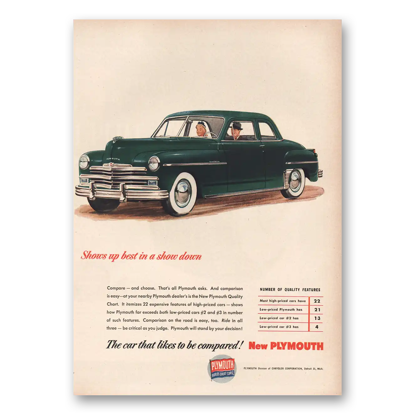 1949 Plymouth Shows Up Best In a Show Down Vintage Magazine Print Ad