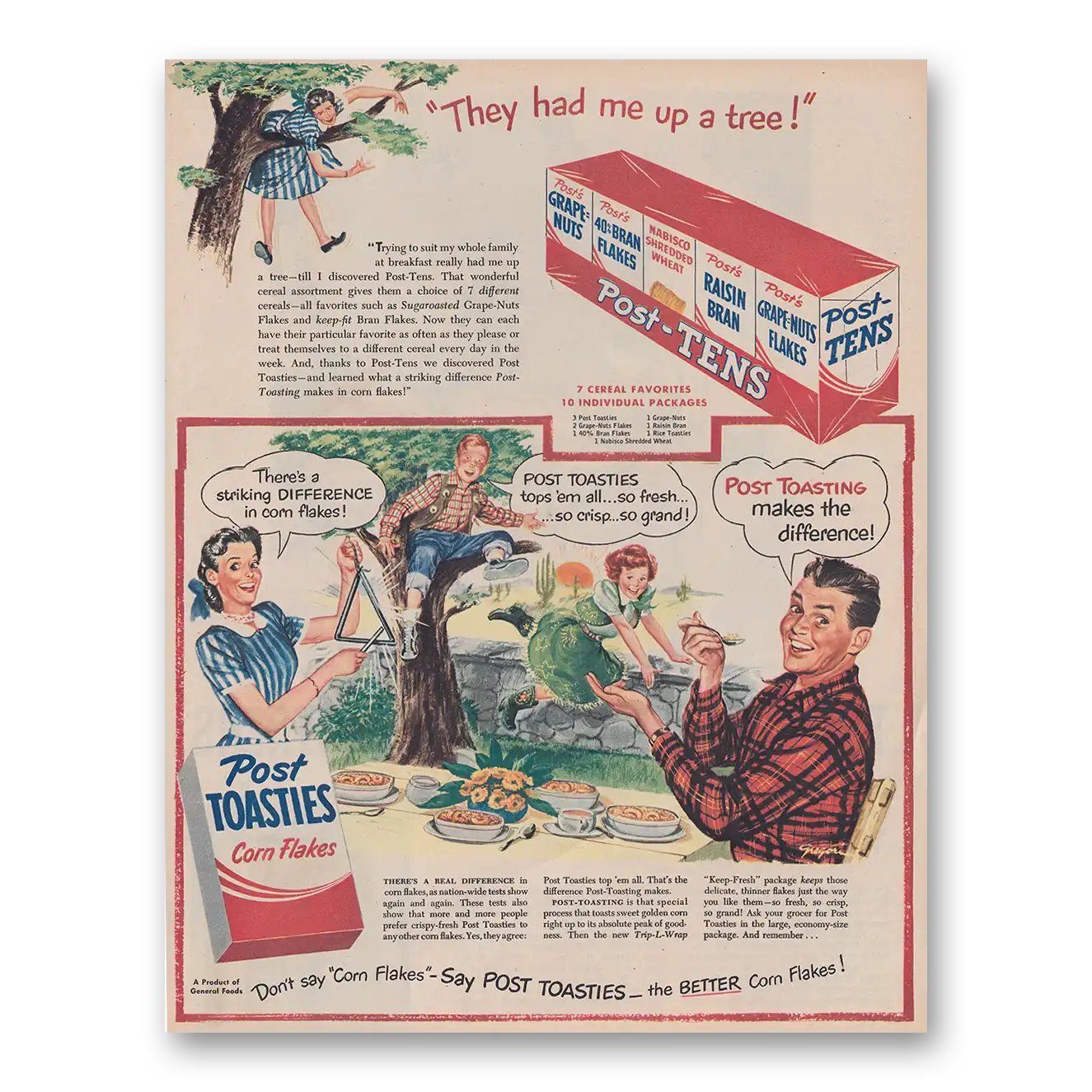 1949 Post Toasties They Had Me Up a Tree Vintage Magazine Print Ad