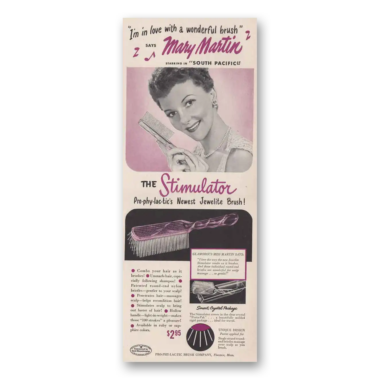 1949 Pro-Phy-Lac-Tic Brush Mary Martin Stimulator Vintage Magazine Print Ad