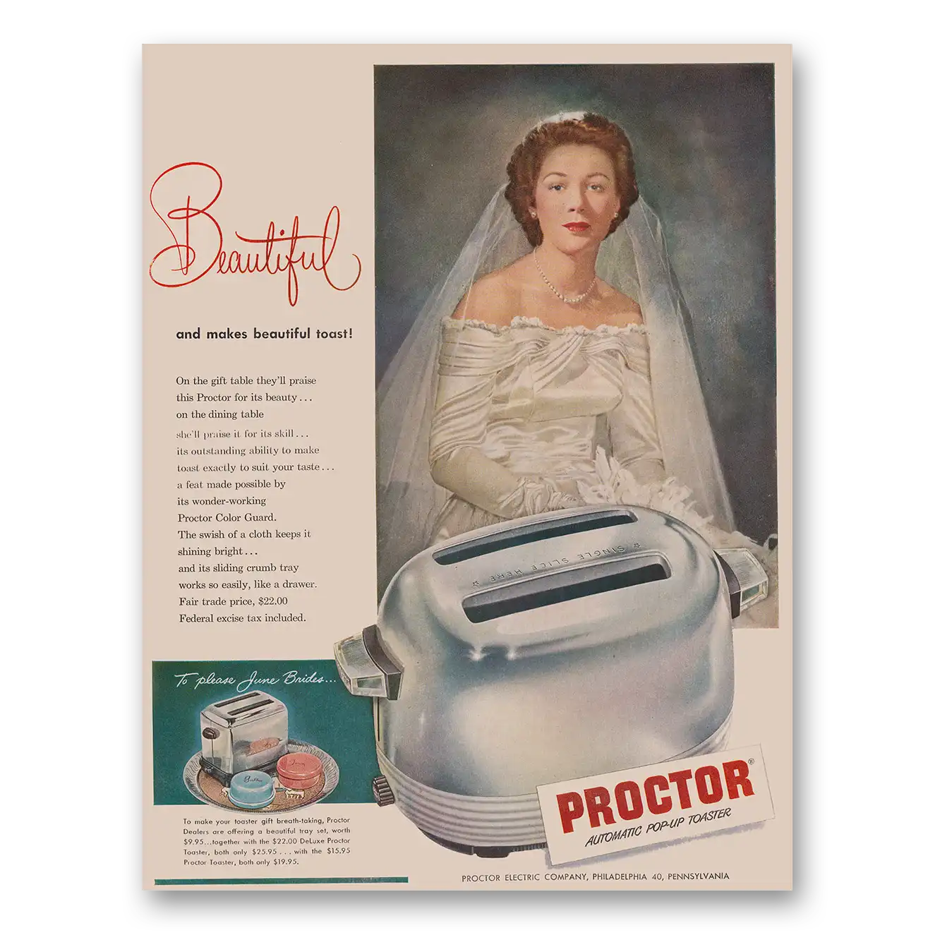 1949 Proctor Toaster Automatic Pop Up Toaster Beautiful Bride Vintage Magazine Print Ad