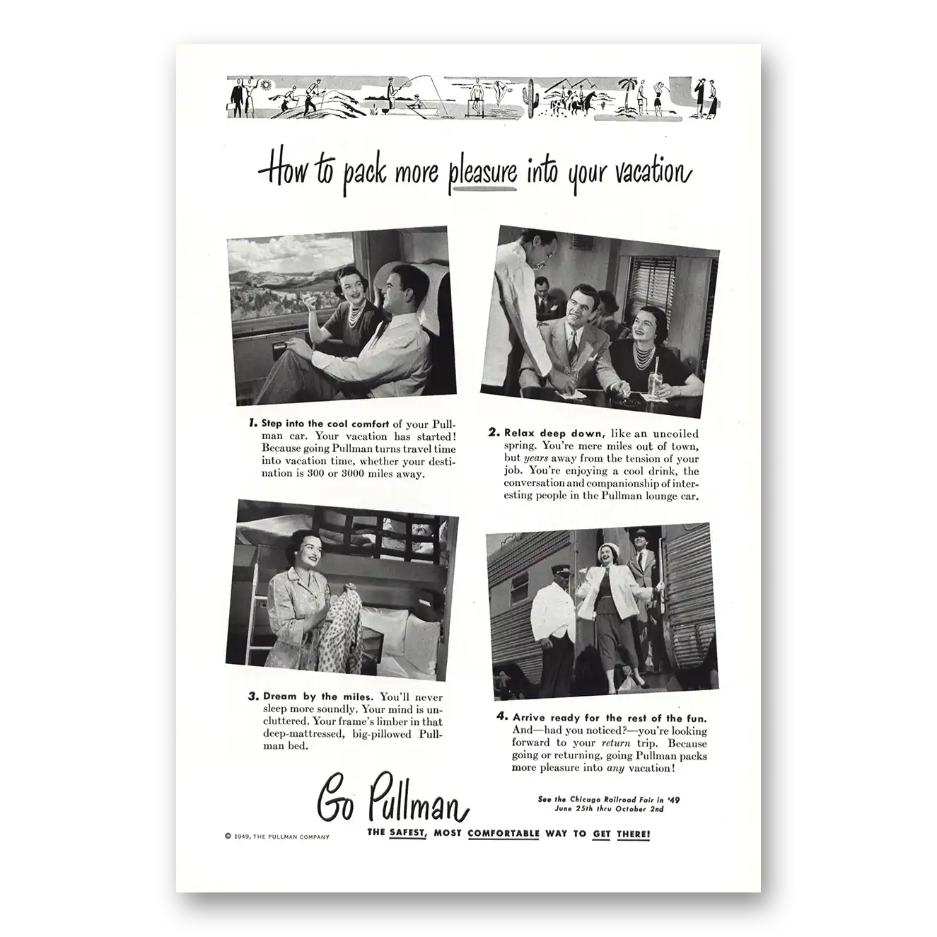 1949 Pullman Pack More Pleasure Into Your Vacation Vintage Magazine Print Ad