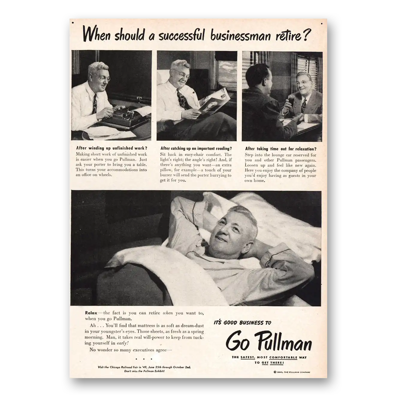 1949 Pullman When Should a Successful Businessman Retire Vintage Magazine Print Ad