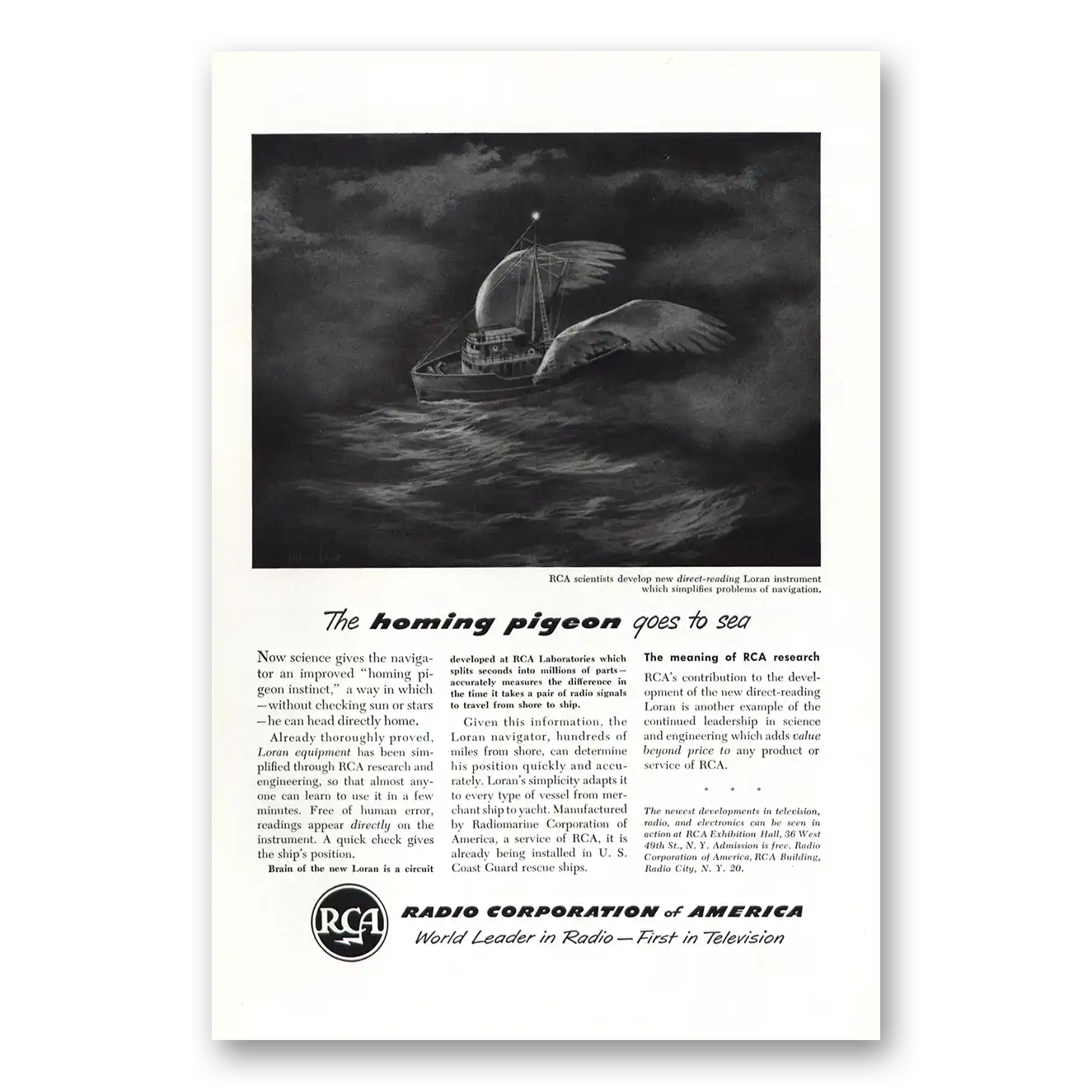 1949 RCA Radios Homing Pigeon Goes To Sea Vintage Magazine Print Ad