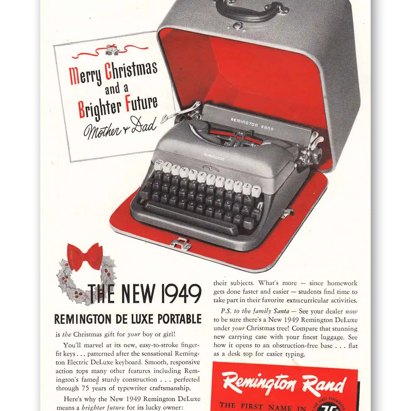 1948 Remington Typewriter De Luxe Brighter Future Christmas Vintage Magazine Print Ad