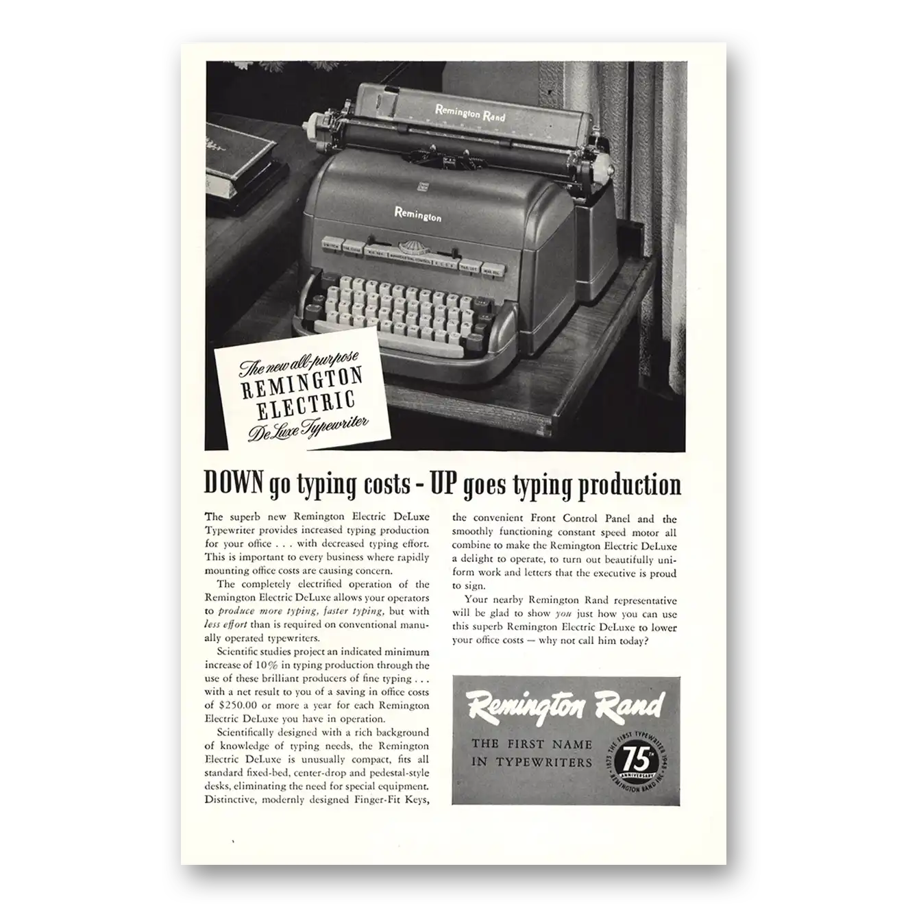 1949 Remington Typewriter Electric Down Go Typing Costs Vintage Magazine Print Ad