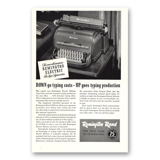 1949 Remington Typewriter Electric Down Go Typing Costs Vintage Magazine Print Ad