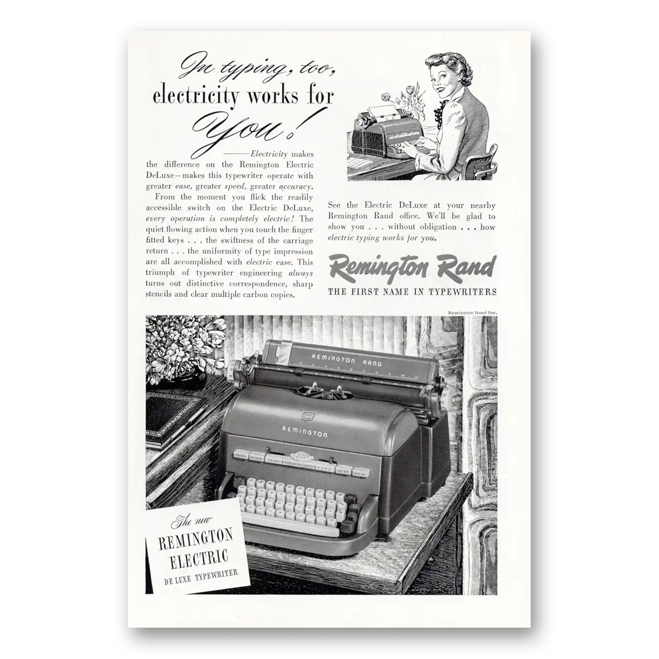 1949 Remington Typewriter Typing too Electricity Works Vintage Magazine Print Ad