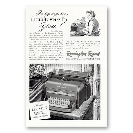 1949 Remington Typewriter Typing too Electricity Works Vintage Magazine Print Ad