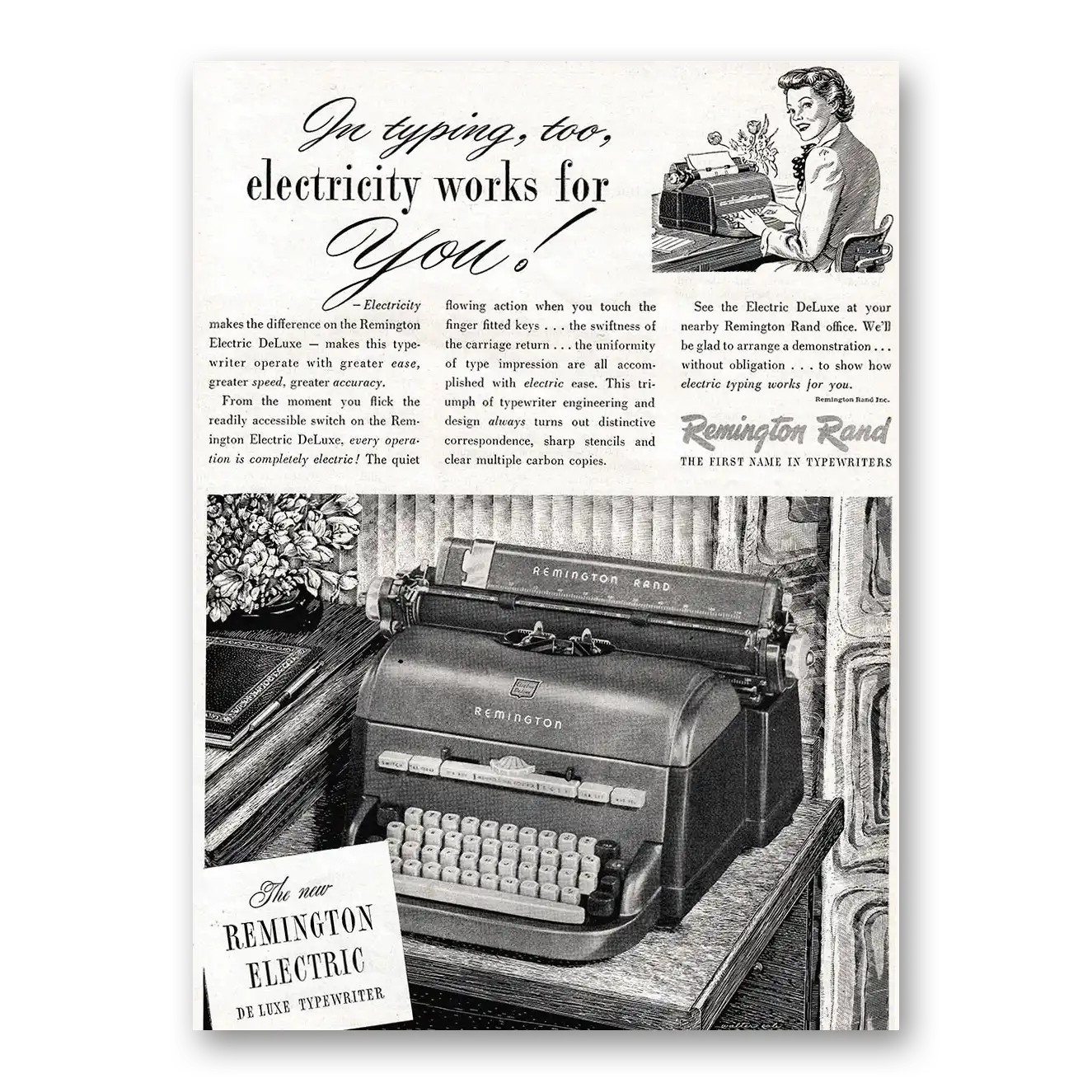 1949 Remington Typewriter Electricity Works For You Vintage Magazine Print Ad