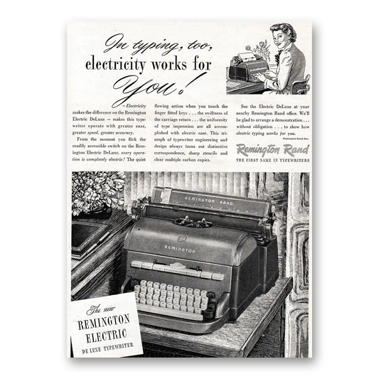 1949 Remington Typewriter Electricity Works For You Vintage Magazine Print Ad