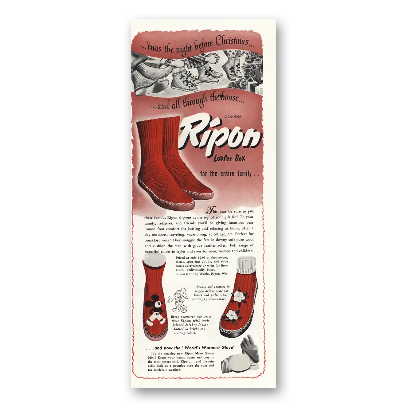 1949 Ripon Loafer Sox Mickey Mouse Vintage Magazine Print Ad