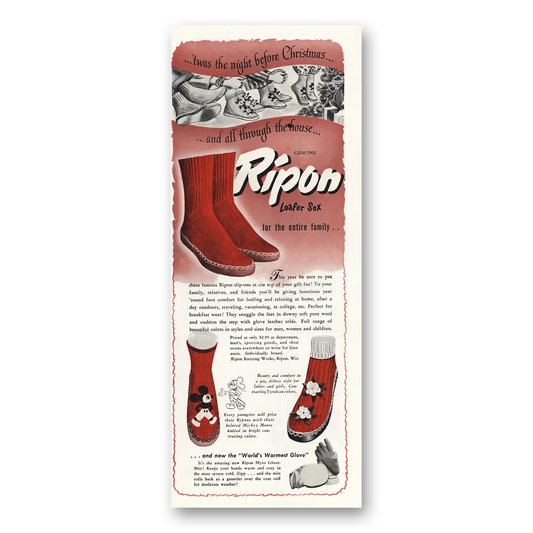 1949 Ripon Loafer Sox Mickey Mouse Vintage Magazine Print Ad