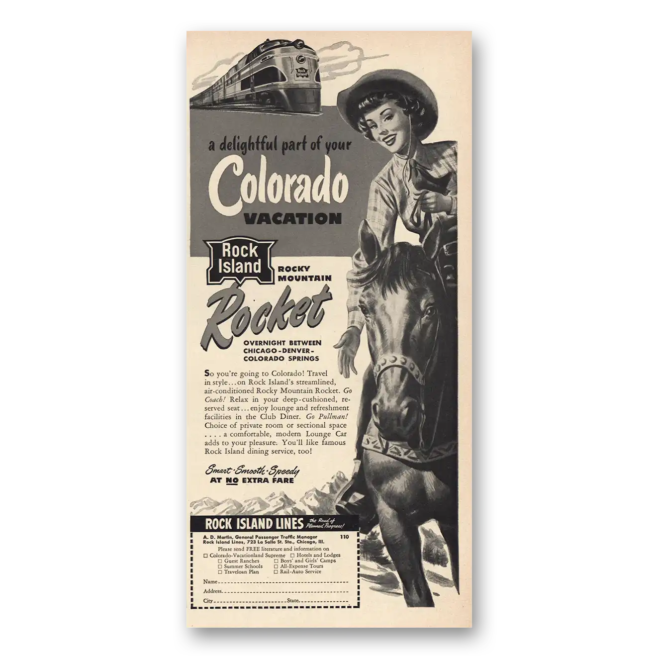 1949 Rock Island Lines Colorado Rocky Mountain Rocket Vintage Magazine Print Ad