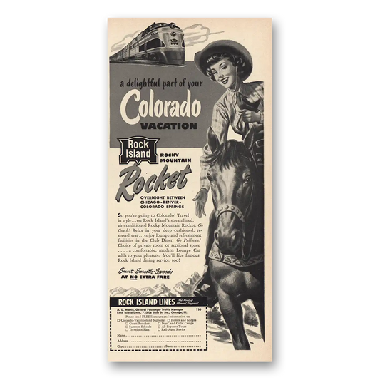 1949 Rock Island Lines Colorado Rocky Mountain Rocket Vintage Magazine Print Ad