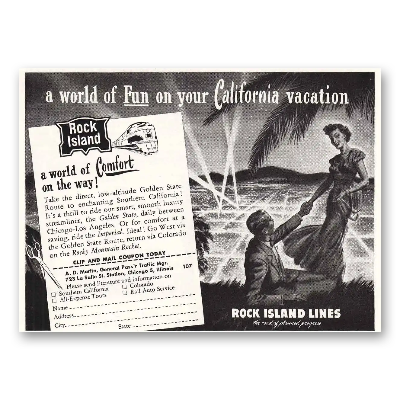 1949 Rock Island Lines California Vacation Vintage Magazine Print Ad