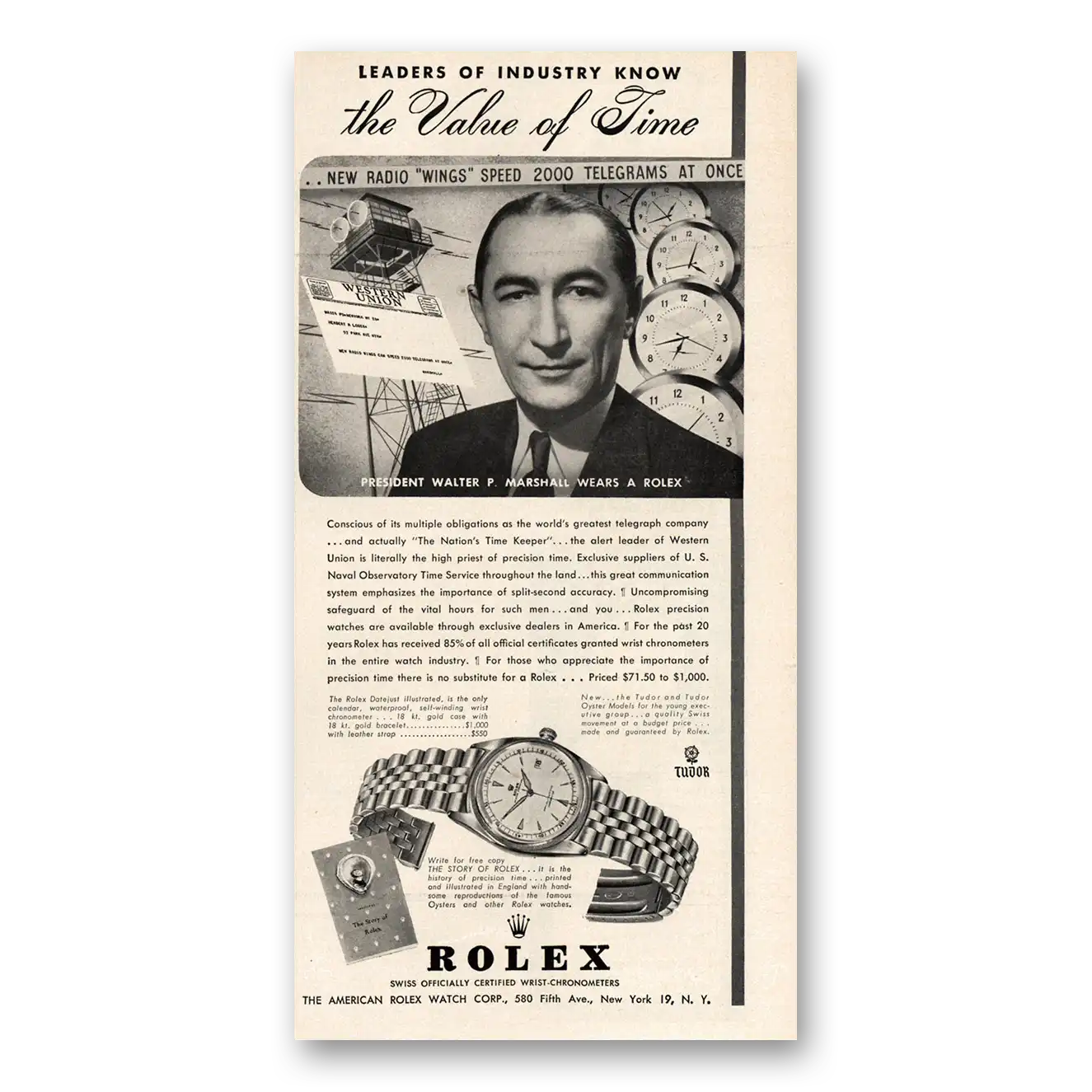 1949 Rolex Walter P Marshall Vintage Magazine Print Ad