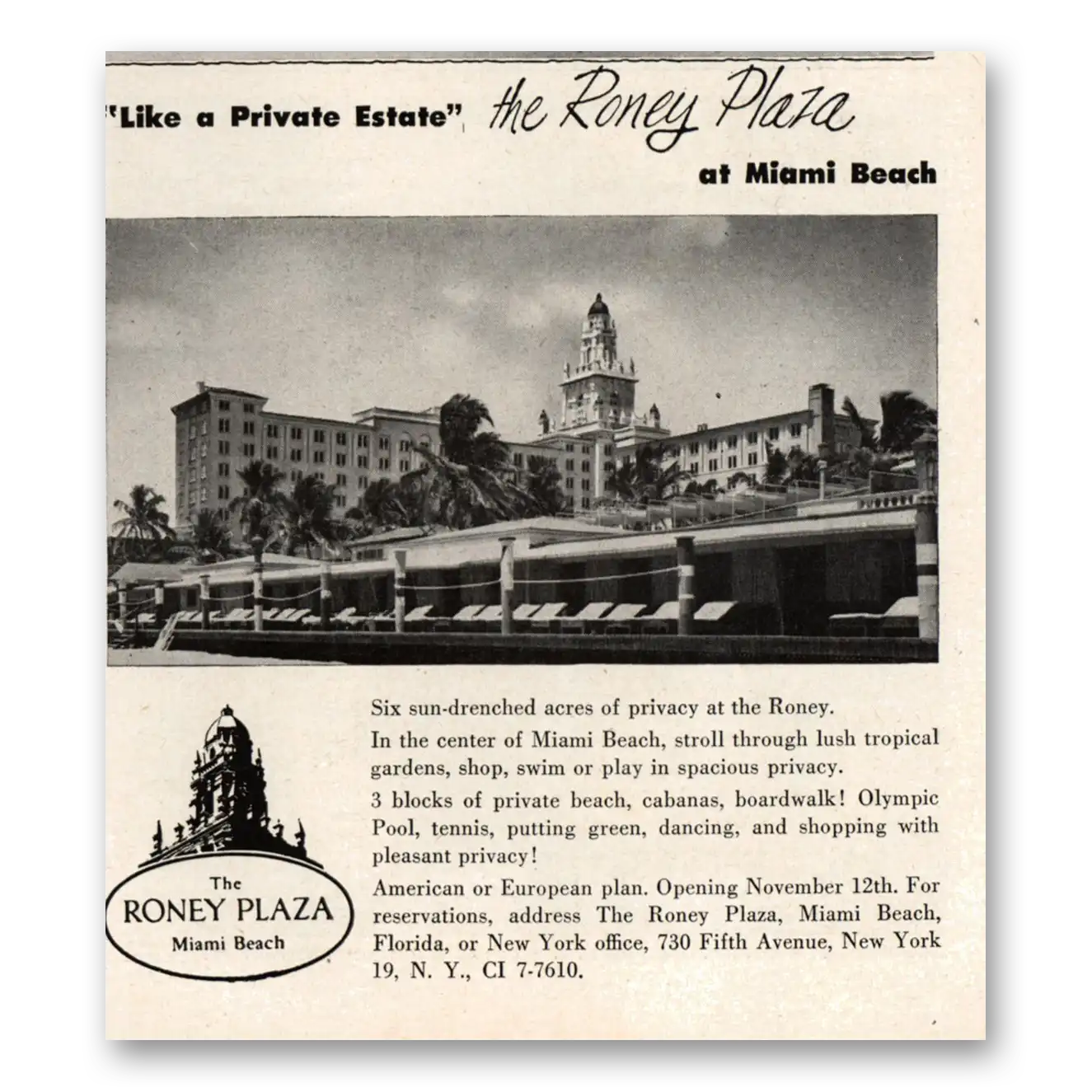 1949 Roney Plaza Like Private Estate Miami Beach Vintage Magazine Print Ad