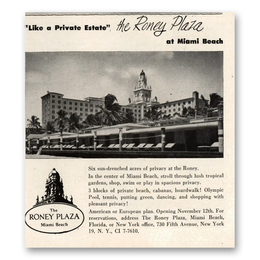 1949 Roney Plaza Like Private Estate Miami Beach Vintage Magazine Print Ad