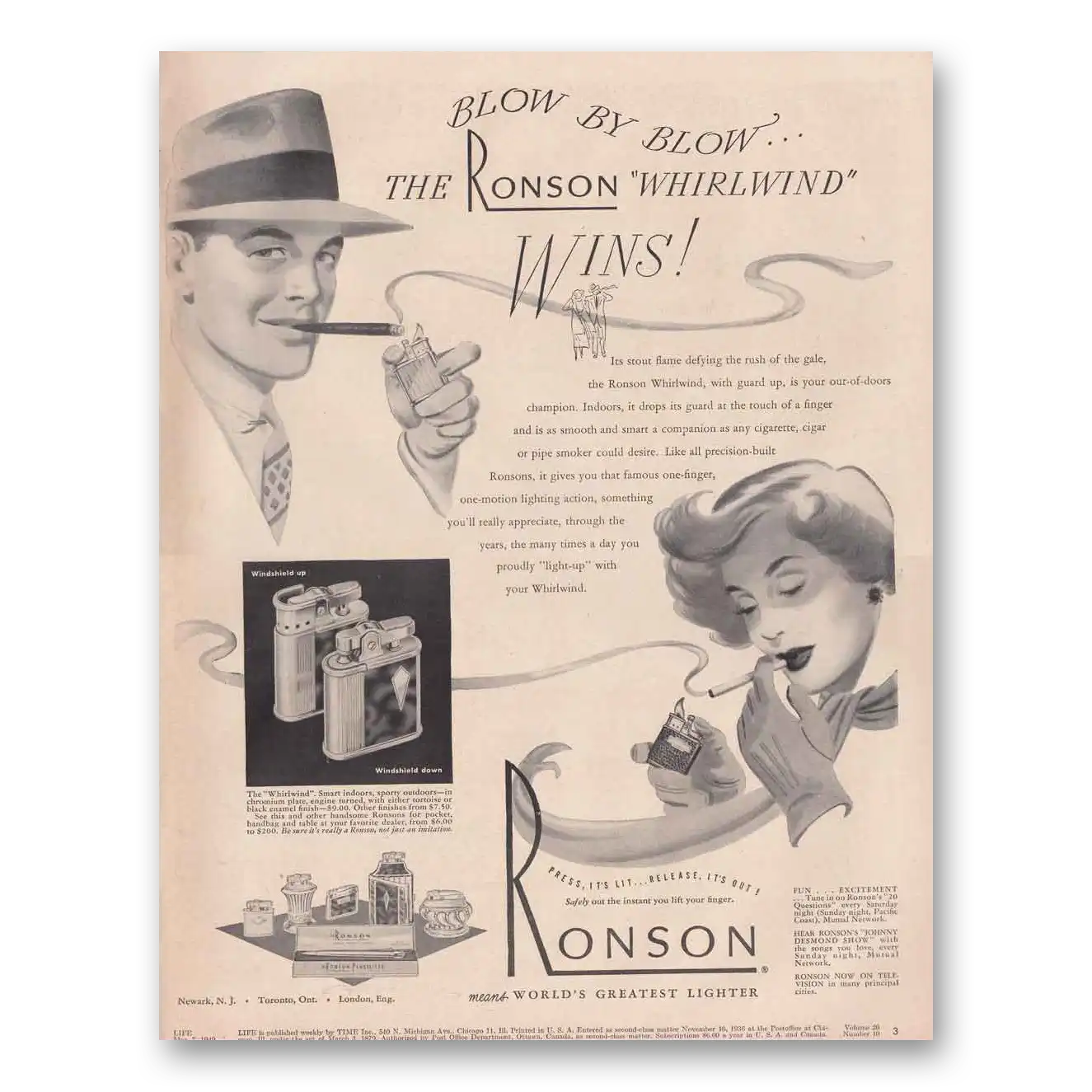 1949 Ronson Lighters Blow by Blow The Ronson Whirlwind Vintage Magazine Print Ad