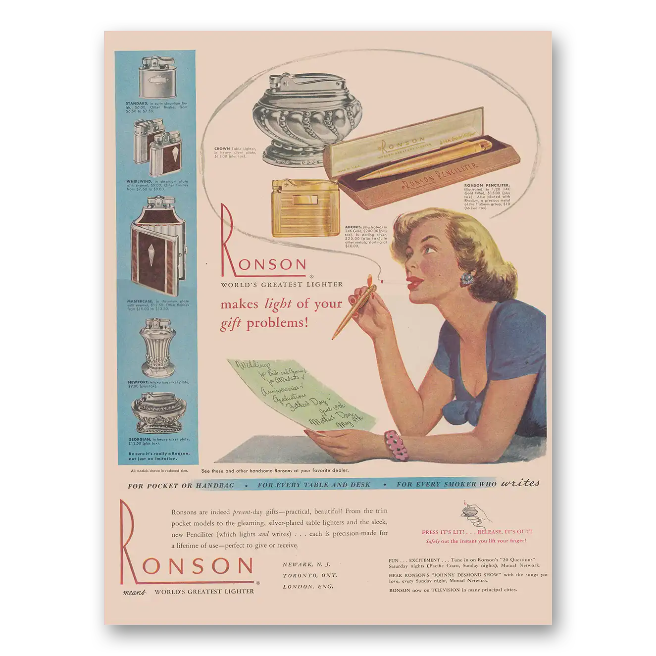 1949 Ronson Lighters Makes Light of Your Gift Problems Vintage Magazine Print Ad