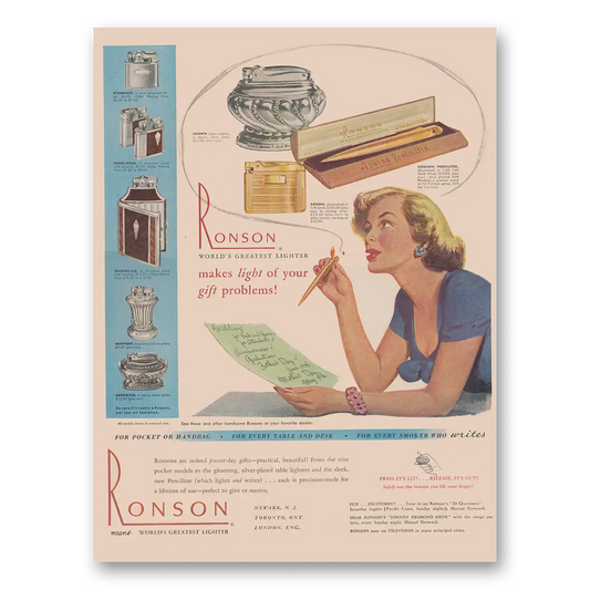 1949 Ronson Lighters Makes Light of Your Gift Problems Vintage Magazine Print Ad