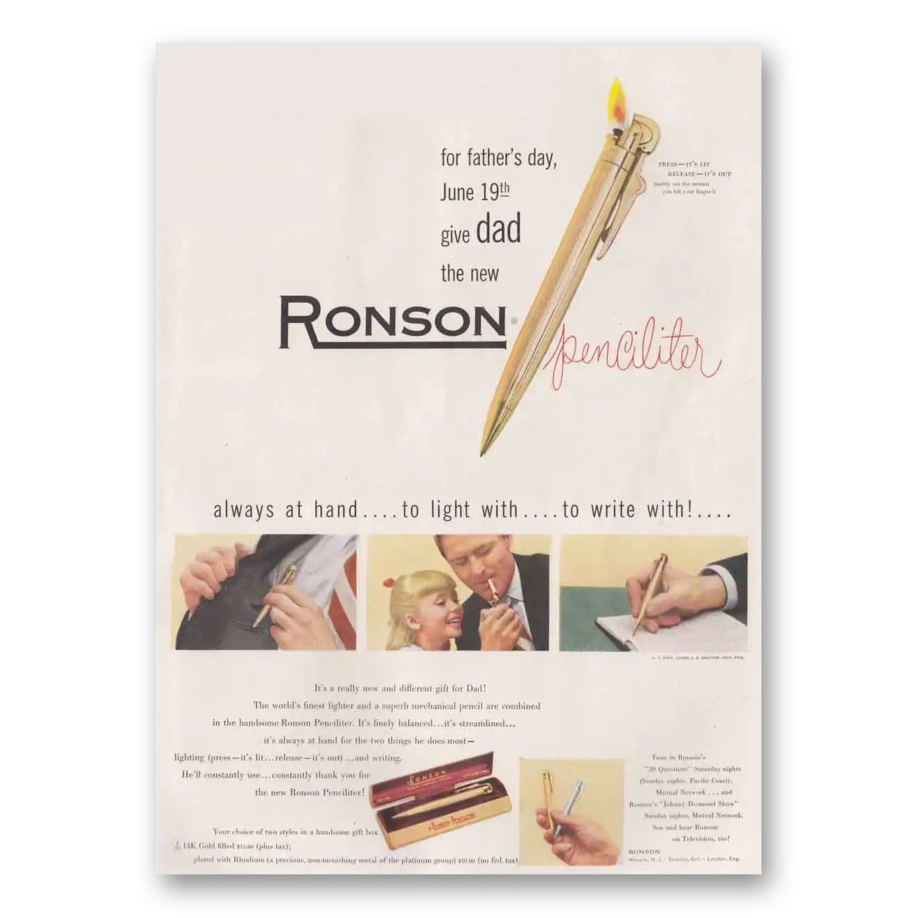 1949 Ronson Lighters Penciliter To Light With To Write With Vintage Magazine Print Ad