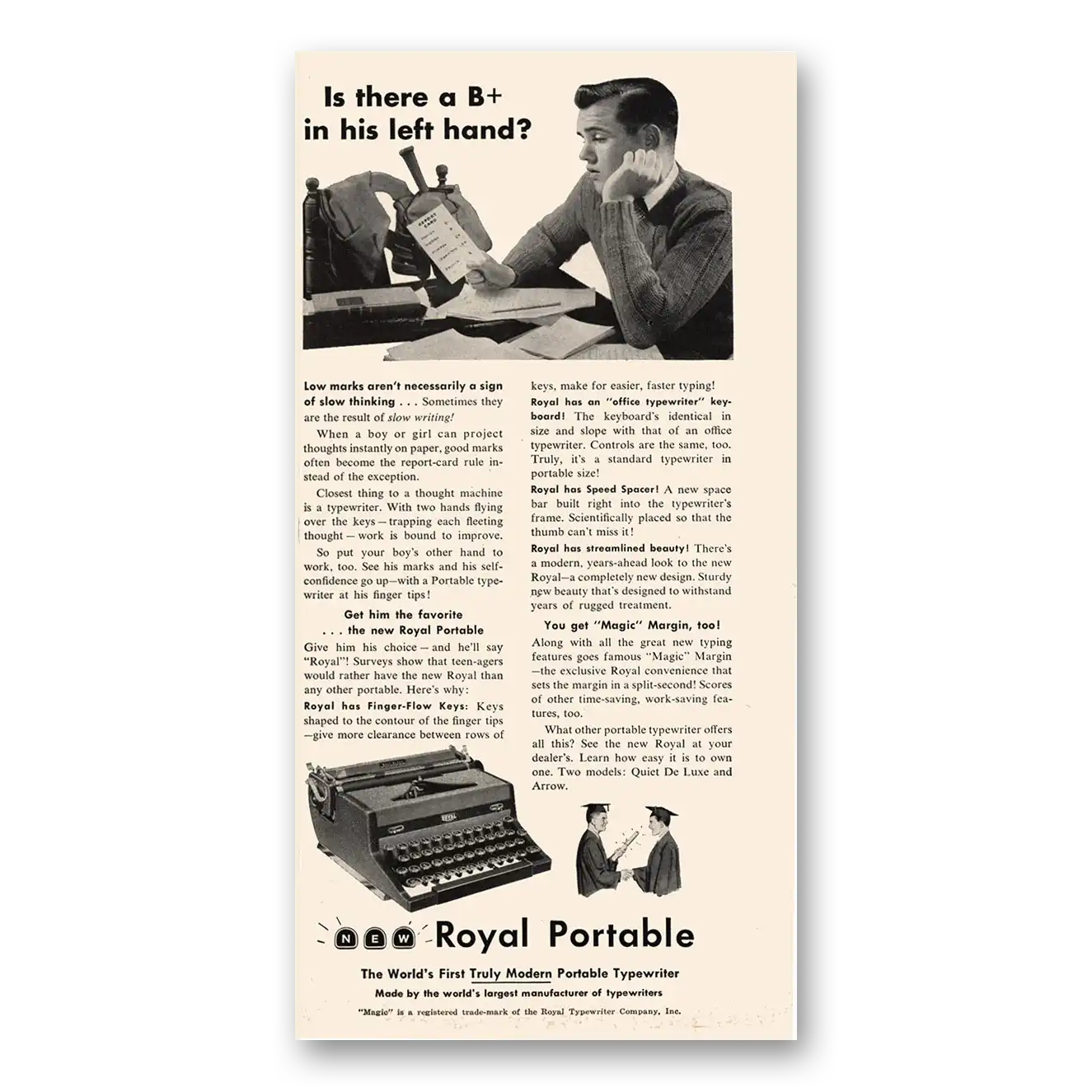 1949 Royal Typewriter B+ In His Left Hand Vintage Magazine Print Ad