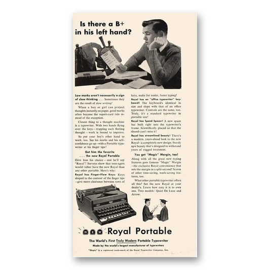 1949 Royal Typewriter B+ In His Left Hand Vintage Magazine Print Ad