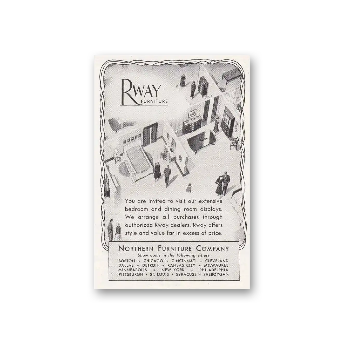 1949 Rway Northern Furniture Extensive Bedroom and Dining Room Displays Vintage Magazine Print Ad