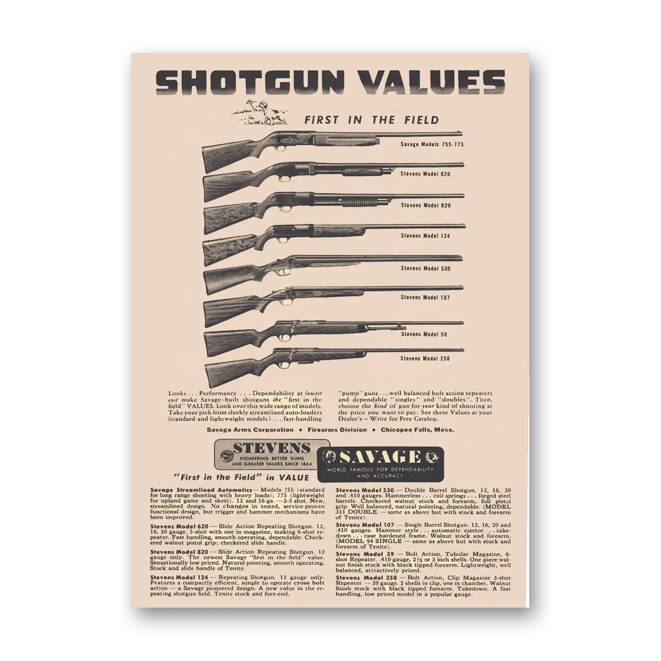 1949 Savage Arms Shotgun Values Vintage Magazine Print Ad