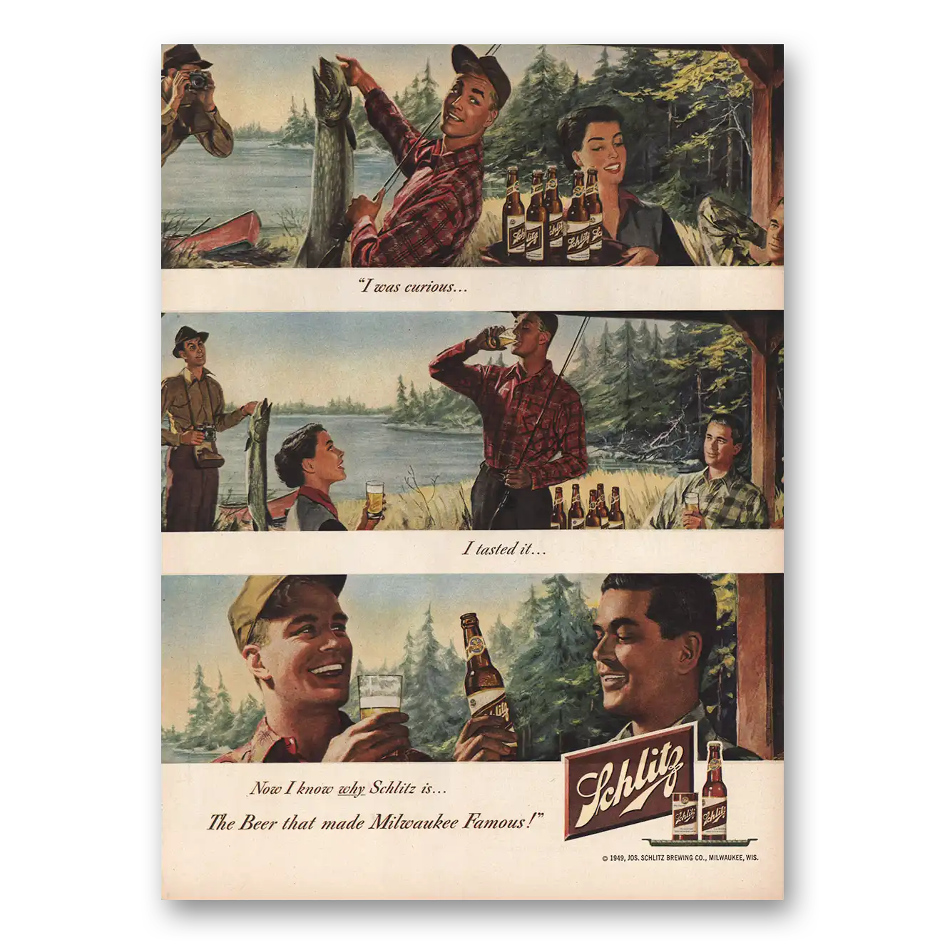 1949 Schlitz Beer I Was Curious Fishing Fisherman Vintage Magazine Print Ad