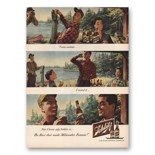 1949 Schlitz Beer I Was Curious Fishing Fisherman Vintage Magazine Print Ad