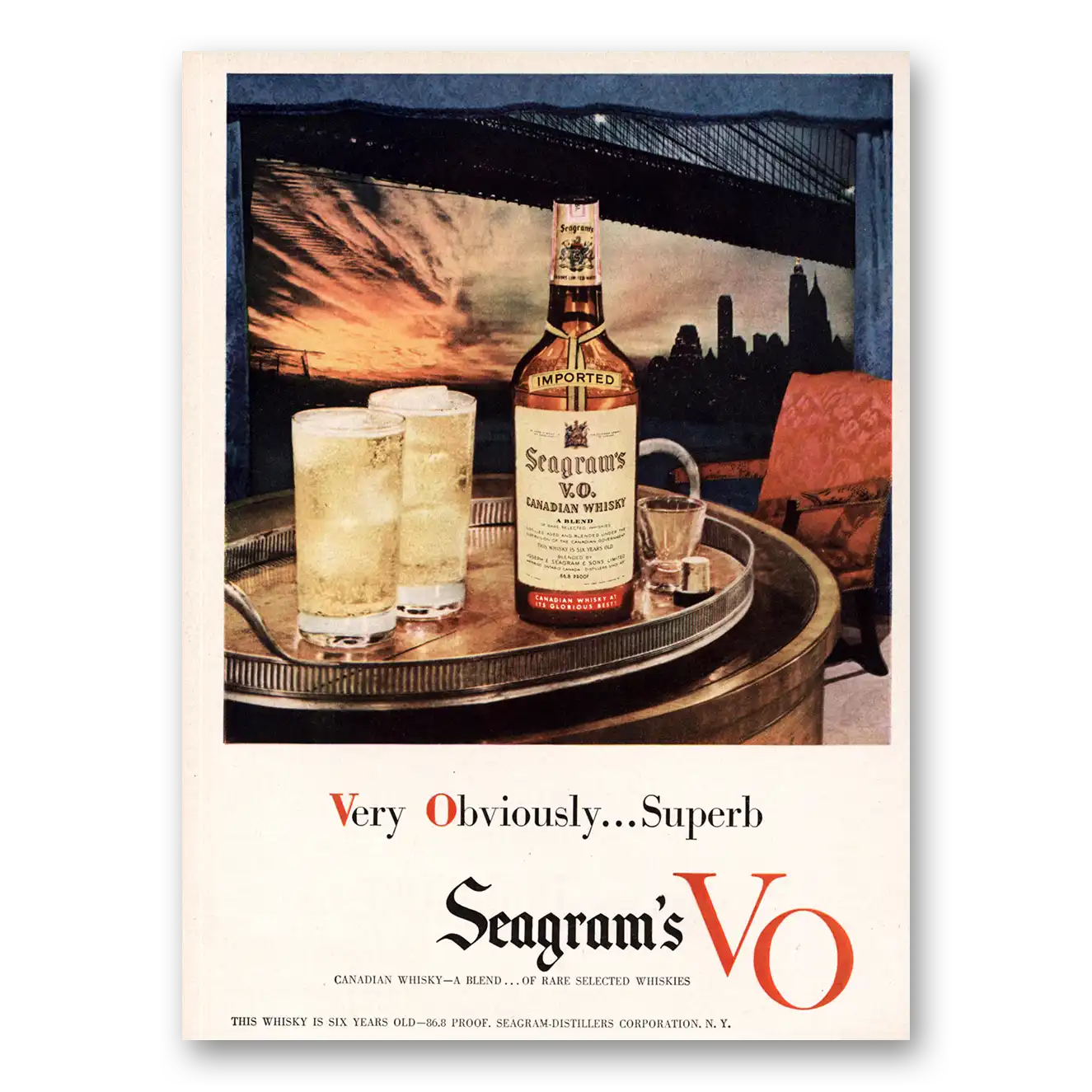 1949 Seagrams VO Whisky Bridge Skyline Vintage Magazine Print Ad