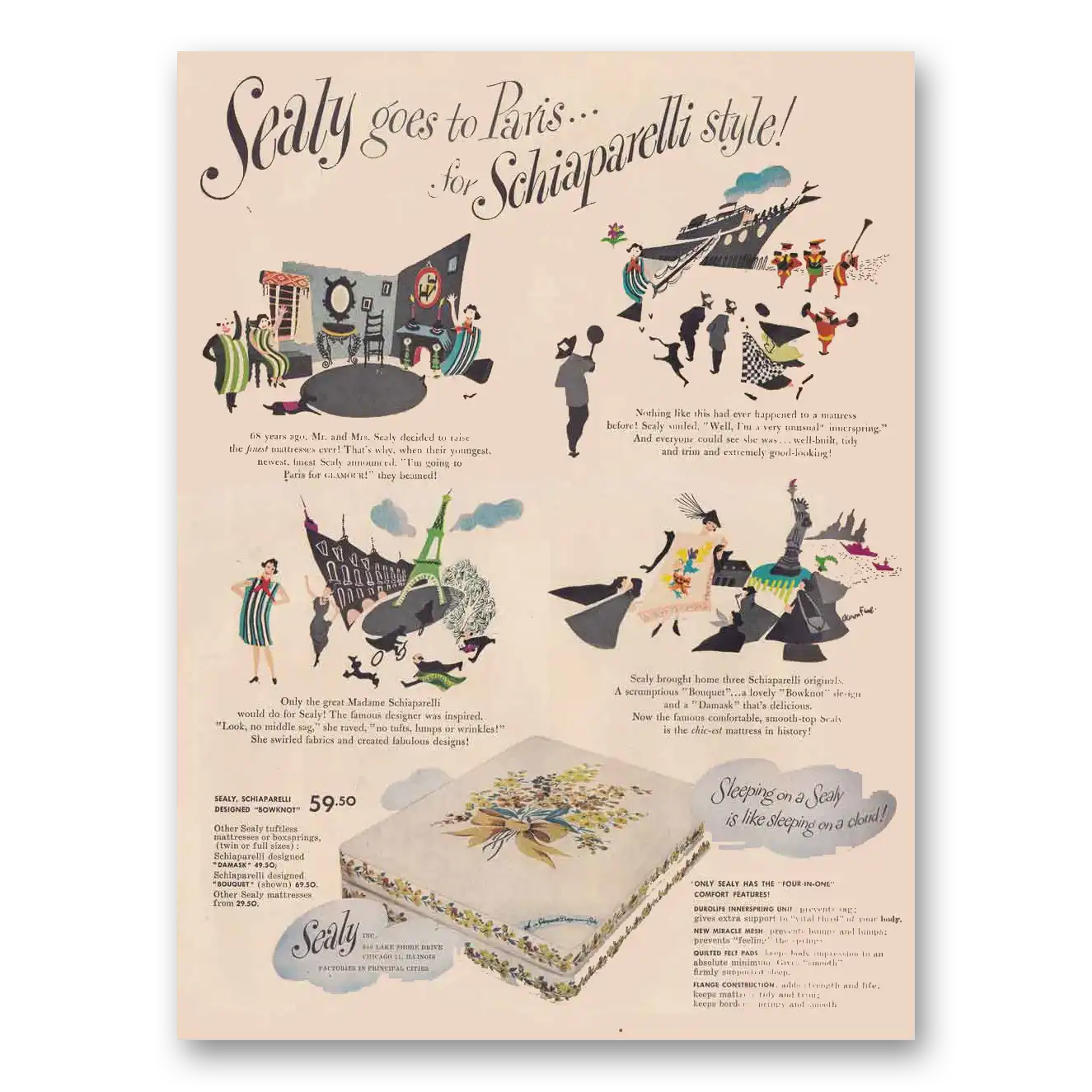 1949 Sealy Mattress Goes to Paris for Schiapare Vintage Magazine Print Ad