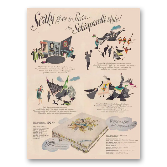 1949 Sealy Mattress Goes to Paris for Schiapare Vintage Magazine Print Ad