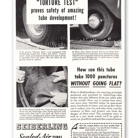 1949 Seiberling Tires Sealed Air Tubes 1000 Punctures Vintage Magazine Print Ad