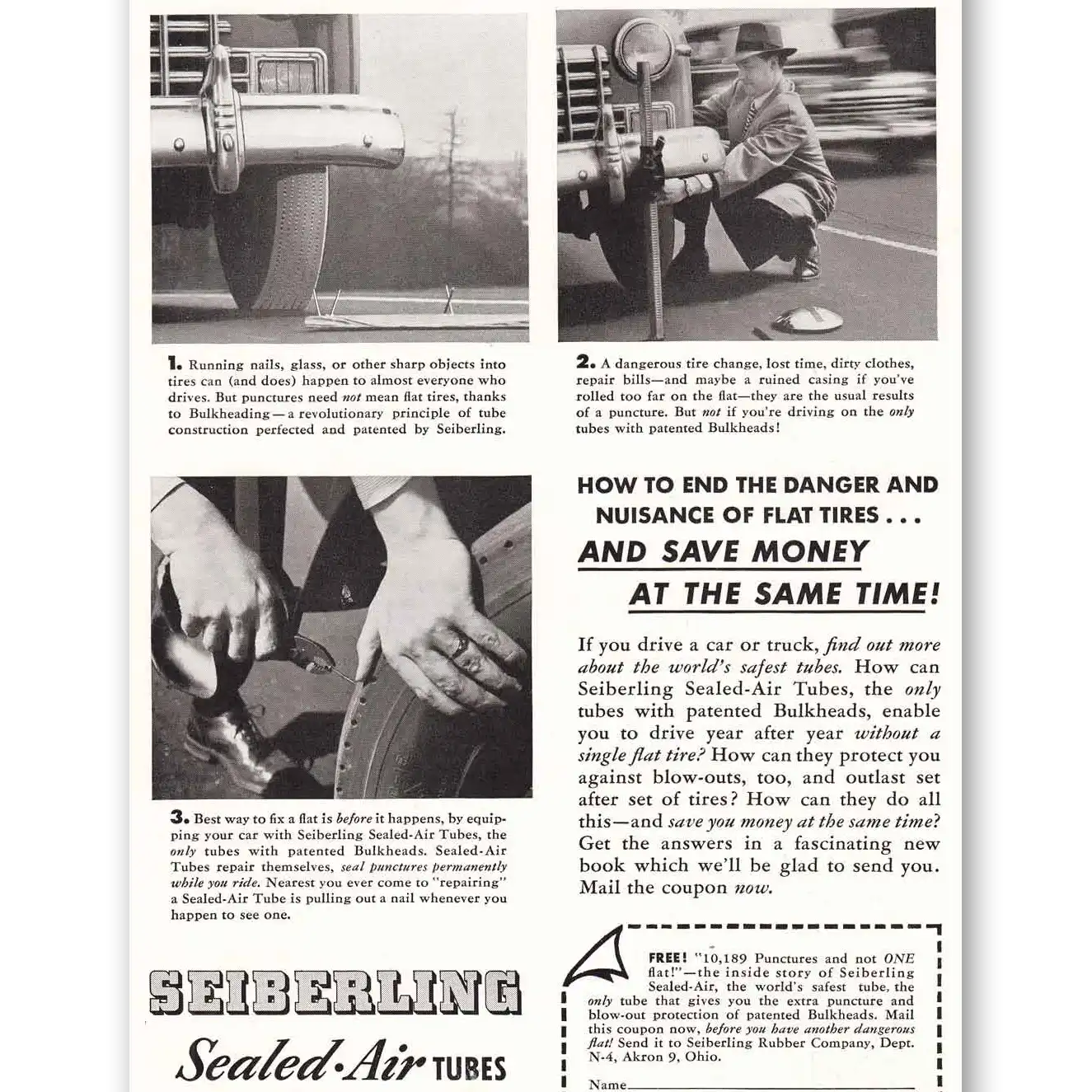 1949 Seiberling Tires Sealed Air Tubes Fix a Flat Vintage Magazine Print Ad