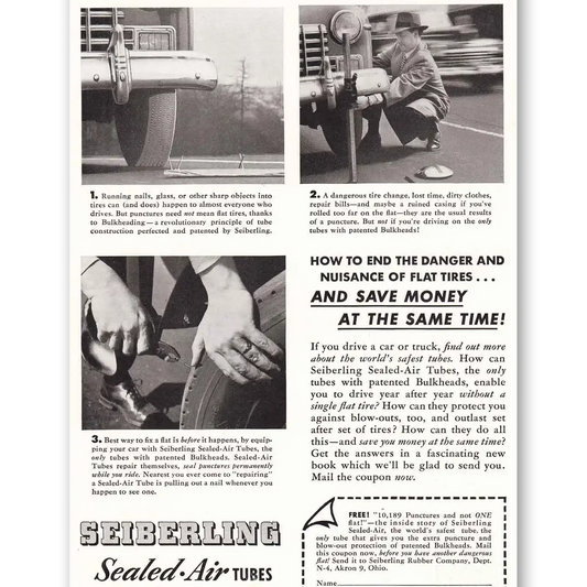 1949 Seiberling Tires Sealed Air Tubes Fix a Flat Vintage Magazine Print Ad