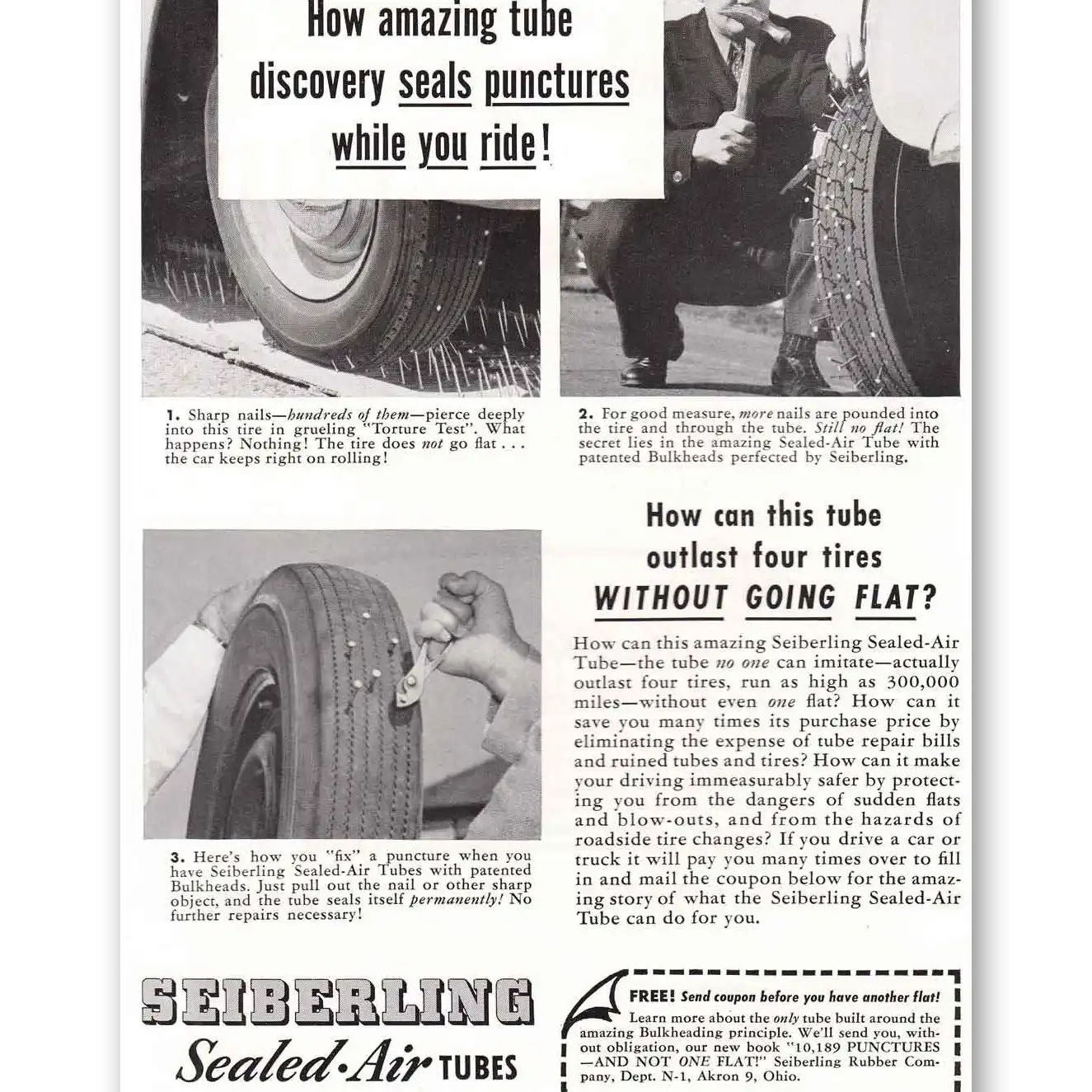 1949 Seiberling Tires Air Tubes Seals Punctures Vintage Magazine Print Ad