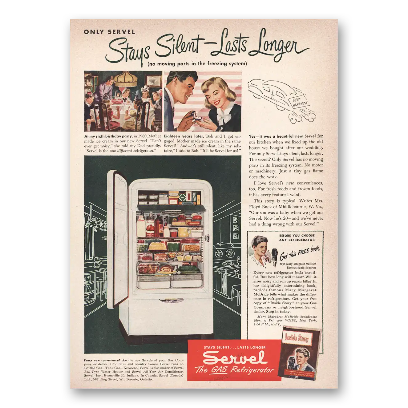 1949 Servel Refrigerator Stays Silent Lasts Longer Vintage Magazine Print Ad