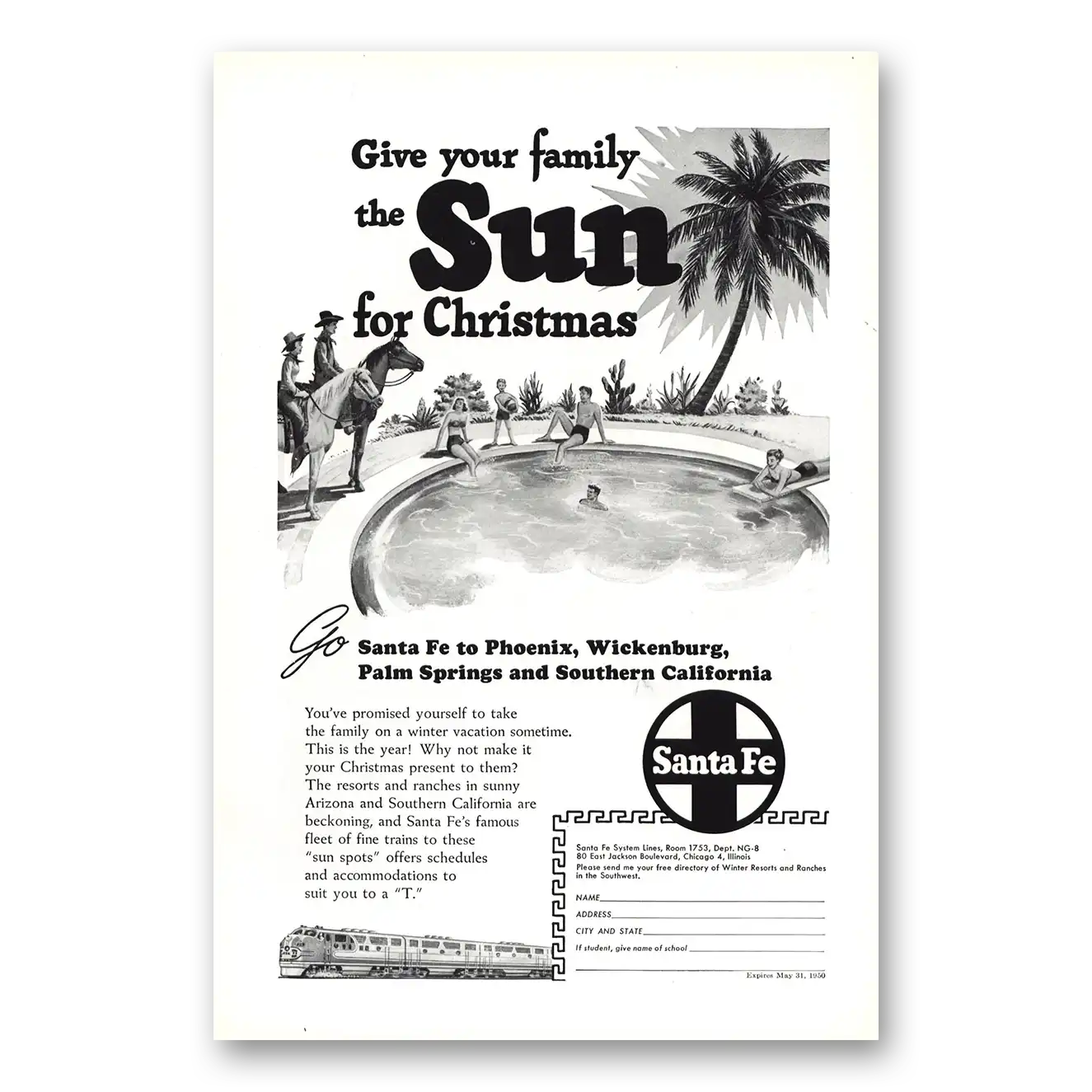 1949 Santa Fe Railway Sun for Christmas Vintage Magazine Print Ad