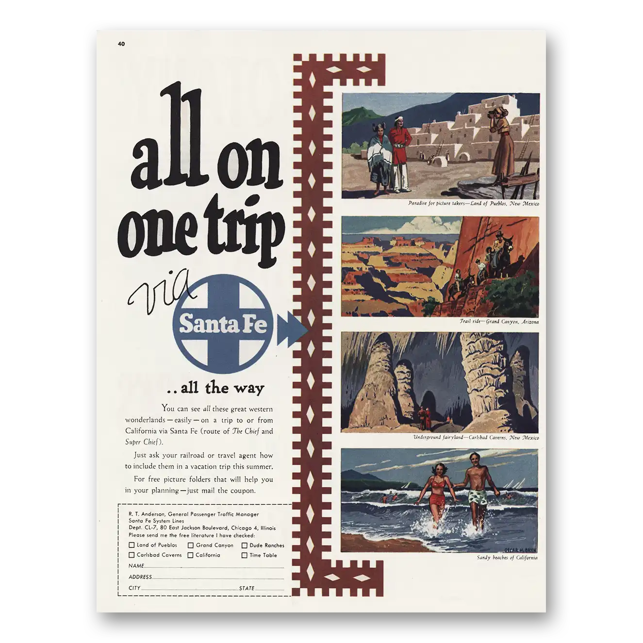 1949 Santa Fe Railway Land of Pueblos Grand Canyon Vintage Magazine Print Ad