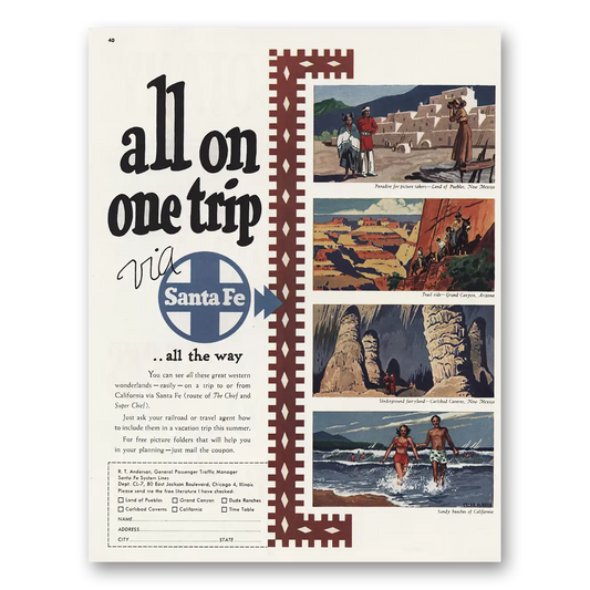 1949 Santa Fe Railway Land of Pueblos Grand Canyon Vintage Magazine Print Ad