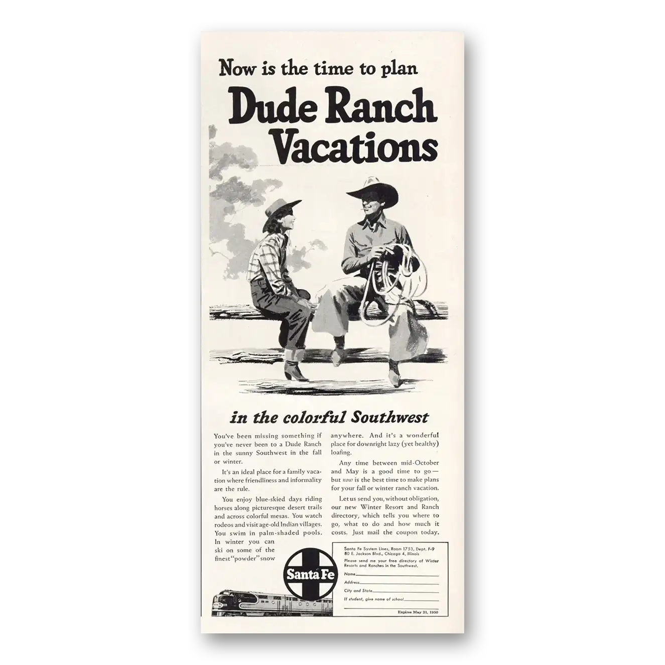 1949 Santa Fe Railway Dude Ranch Vacations Colorful Southwest Vintage Magazine Print Ad