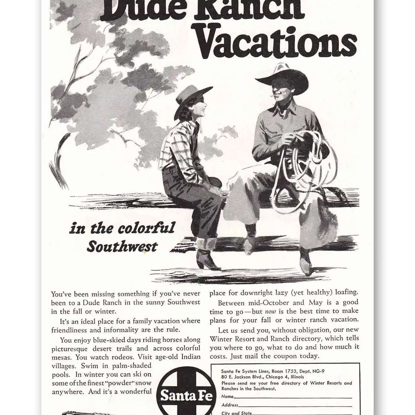 1949 Santa Fe Railway Dude Ranch Vacations Vintage Magazine Print Ad